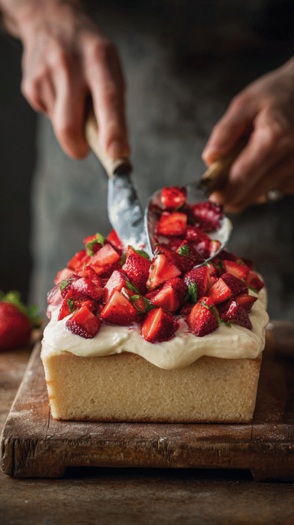 Folding strawberries into pound cake batter