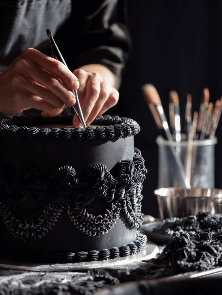 Lambeth piping technique on a black velvet Halloween cake