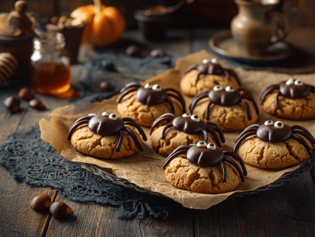 Peanut butter spider cookies on a Halloween tray