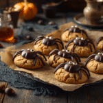 Peanut butter spider cookies on a Halloween tray