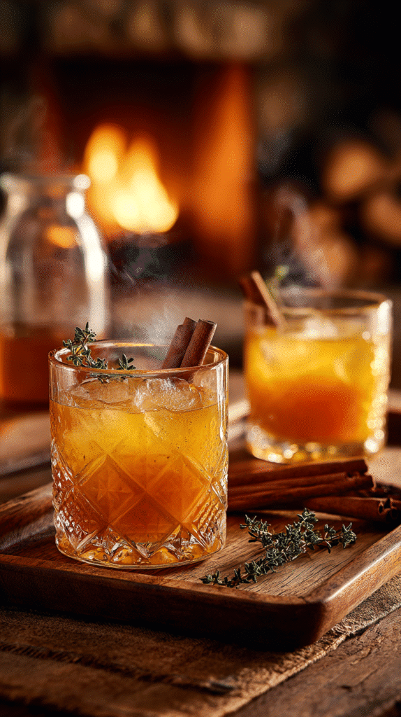 apple cider bourbon smash served near fireplace