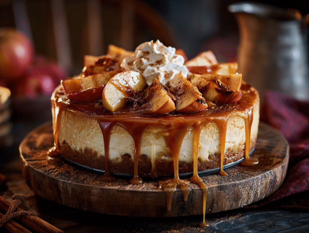 Salted Caramel Apple Pie Cheesecake on table