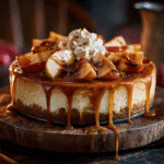 Salted Caramel Apple Pie Cheesecake on table