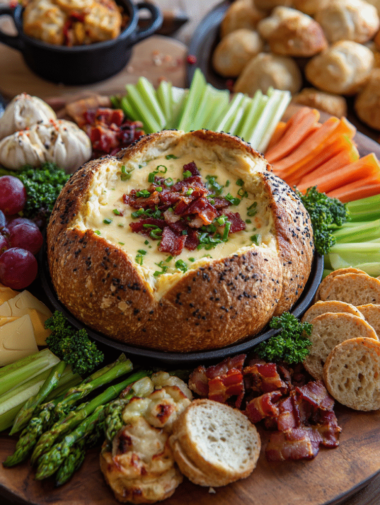 Smoked gouda bacon dip in bread bowl on party table