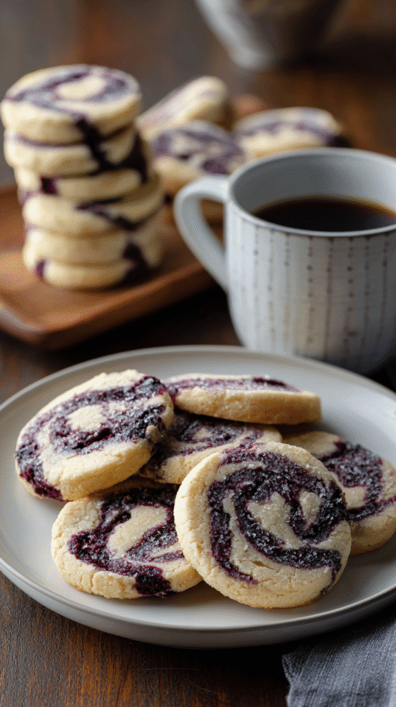 Blueberry cheesecake swirl cookies served with coffee