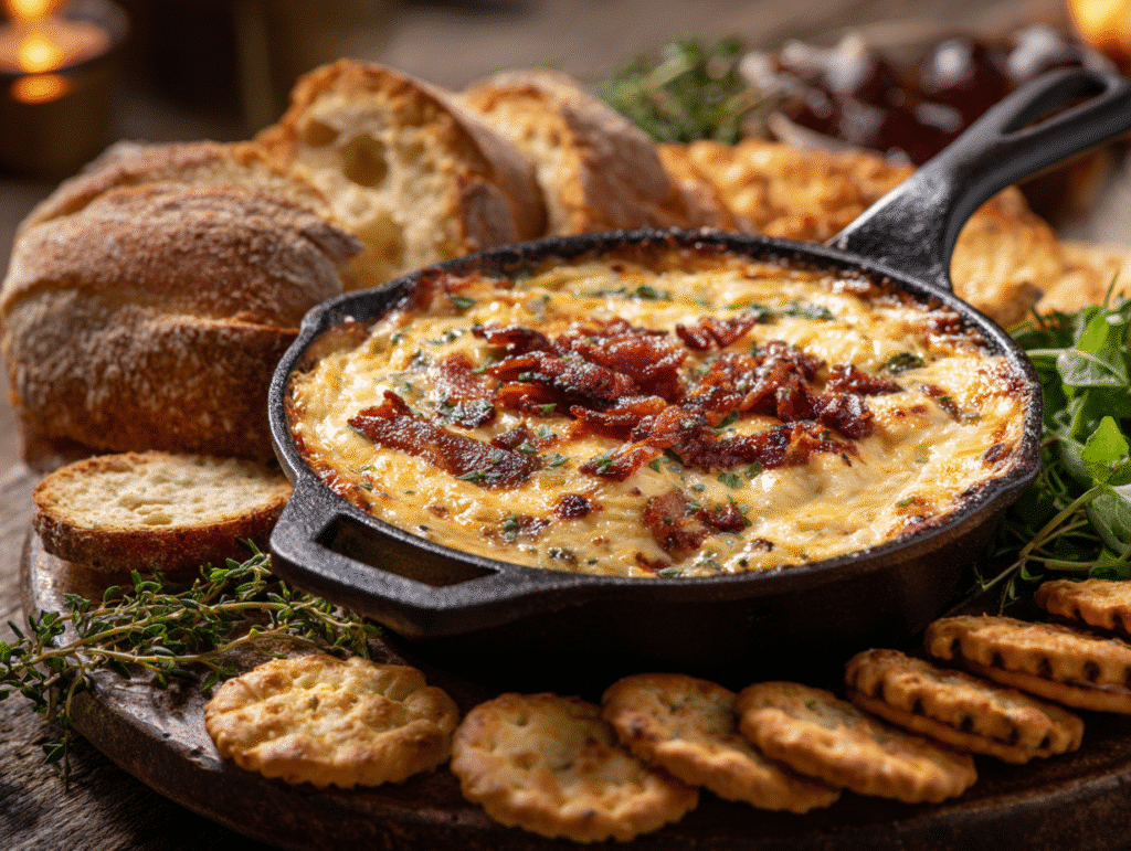 Smoked gouda bacon dip served with bread and crackers