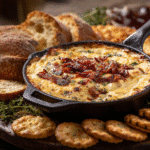 Smoked gouda bacon dip served with bread and crackers