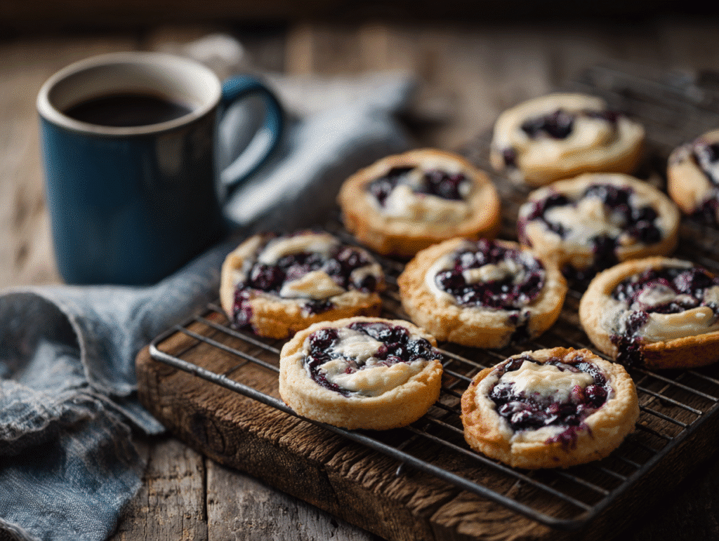Blueberry cheesecake swirl cookies cooling on rack