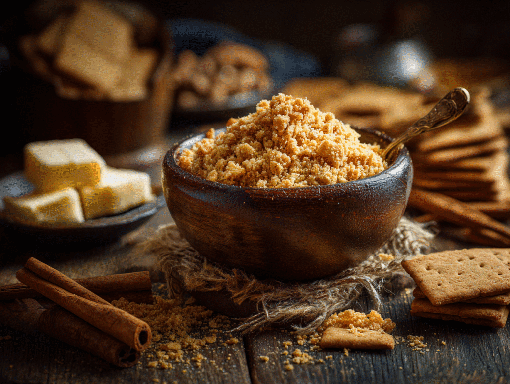 Graham cracker crumble topping in a rustic bowl