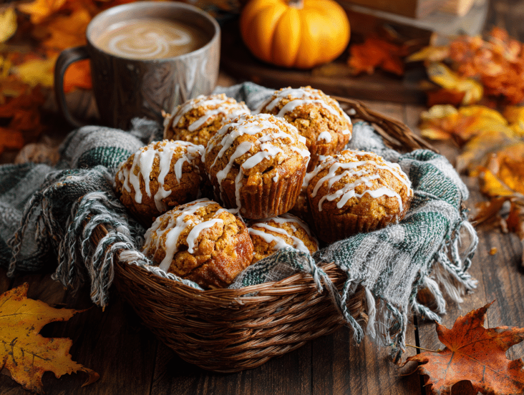 Pumpkin Cinnamon Roll Muffins on rustic table