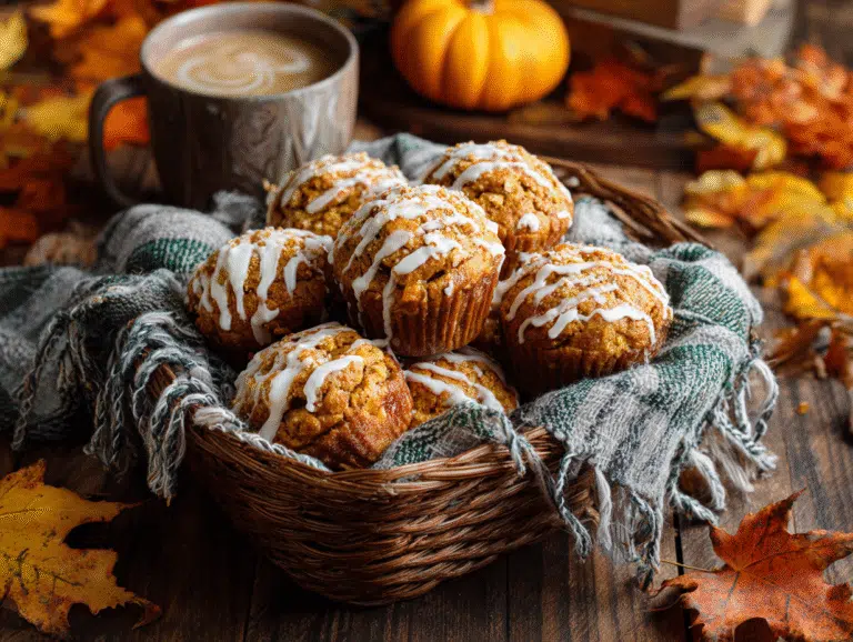 Pumpkin Cinnamon Roll Muffins on rustic table