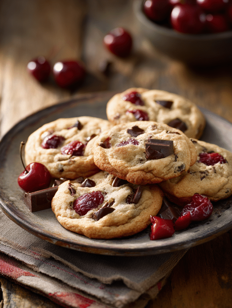 maraschino cherry chocolate chip cookies on wooden table