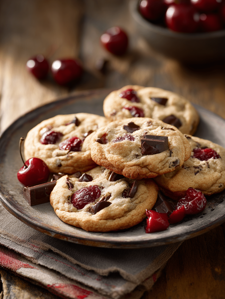 maraschino cherry chocolate chip cookies on wooden table