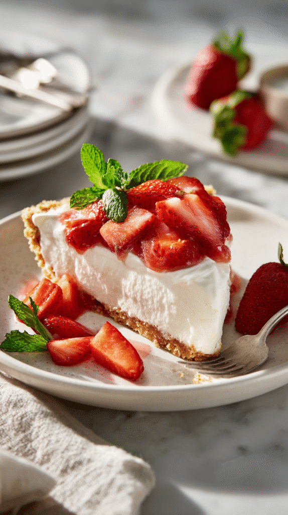 Slice of Strawberry Cool Whip Pie on plate