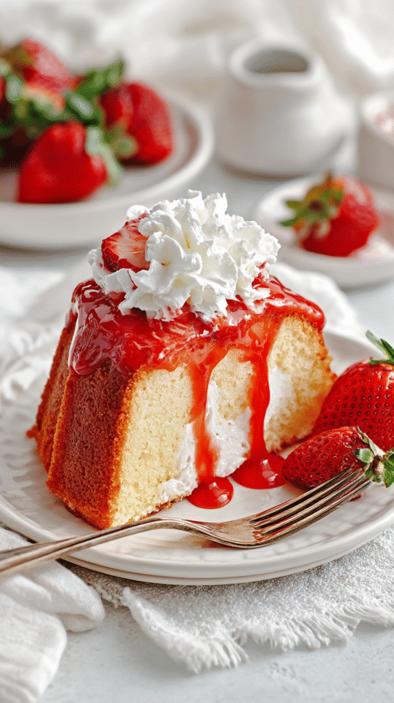 Slice of Strawberry Cream Cheese Pound Cake with glaze and cream