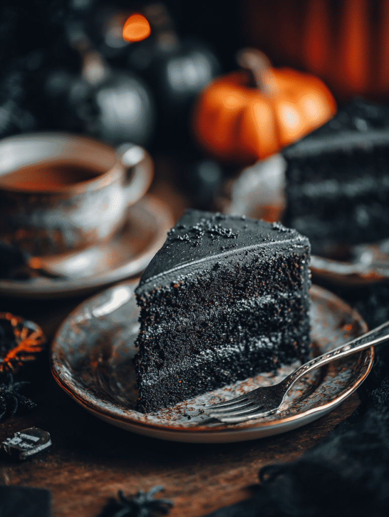 Slice of black velvet Halloween cake with rich layers