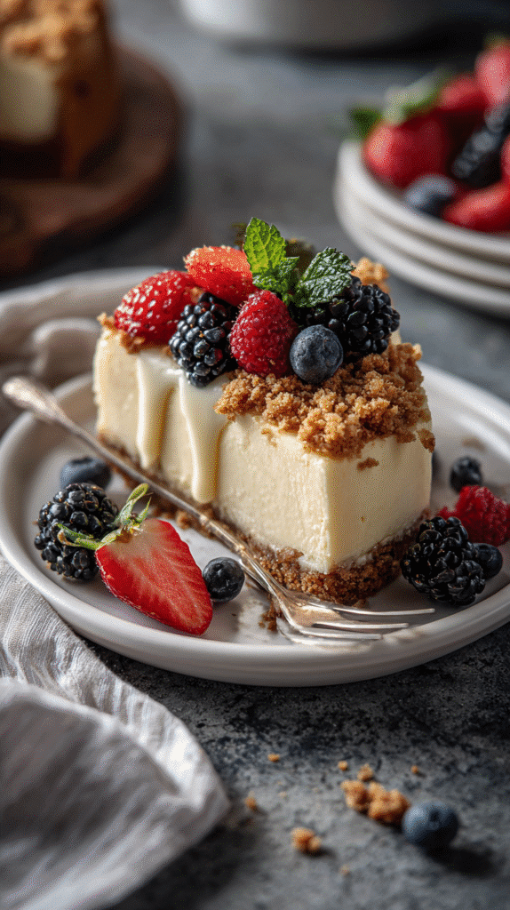 Cheesecake topped with graham cracker crumble