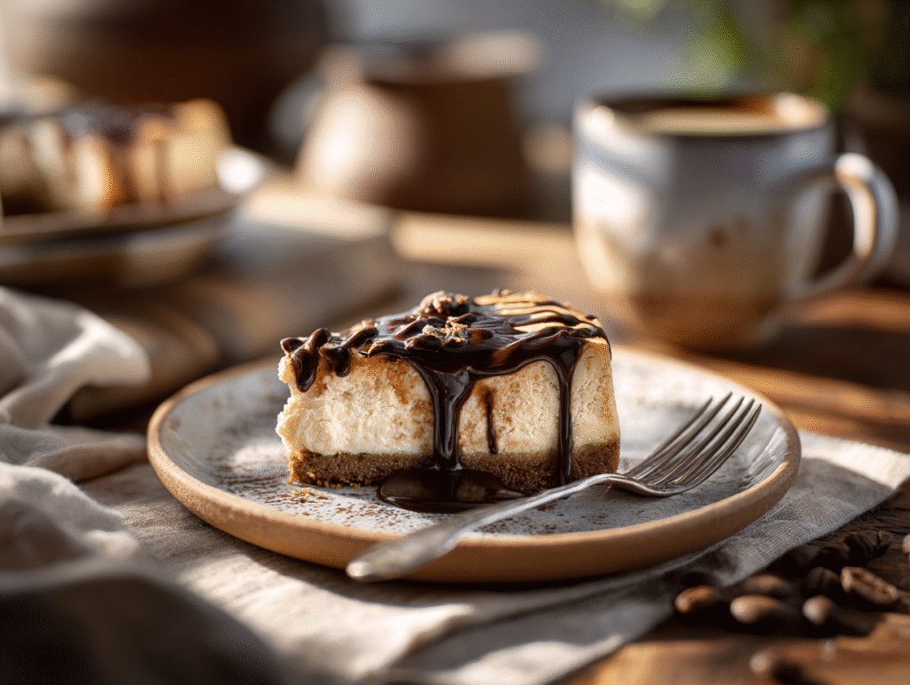 Slice of espresso cheesecake with ganache
