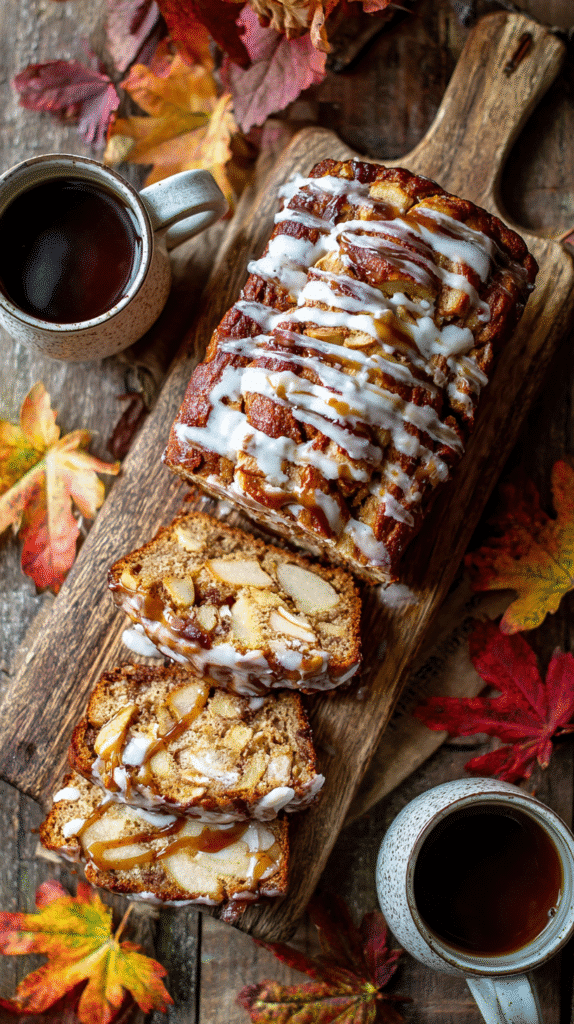 Sliced spiced apple fritter bread with glaze