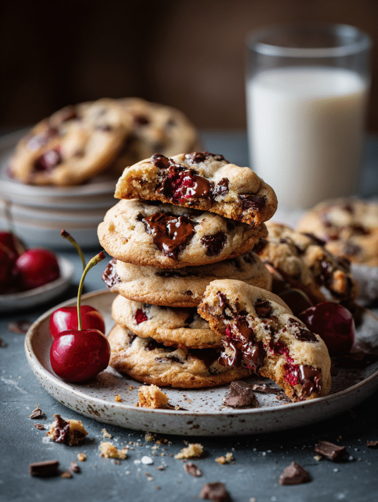 stacked maraschino cherry chocolate chip cookies