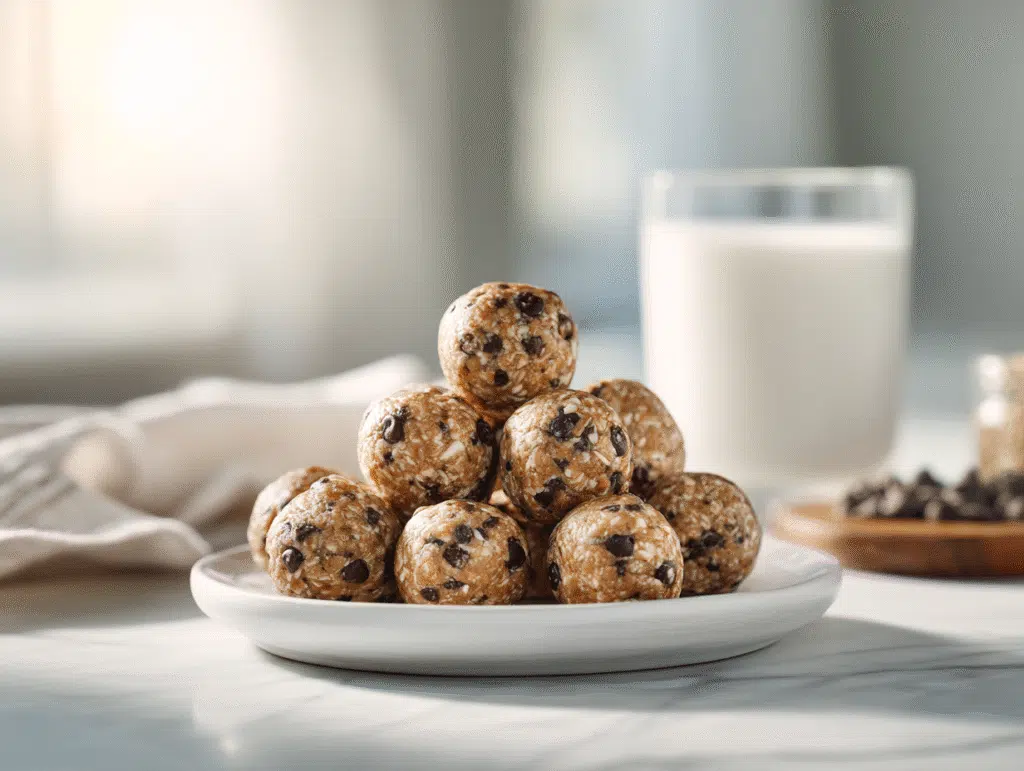 chocolate chip protein balls stacked on plate