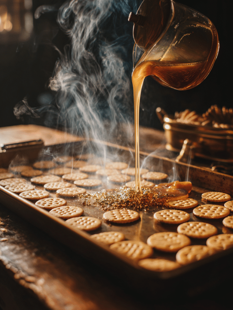 Pouring caramel over saltines for toffee
