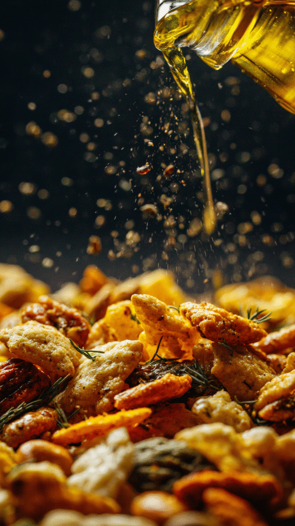 Pouring dill seasoning over Chex mix
