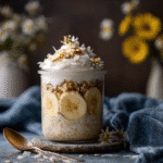 Layered coconut cream pie ready to serve
