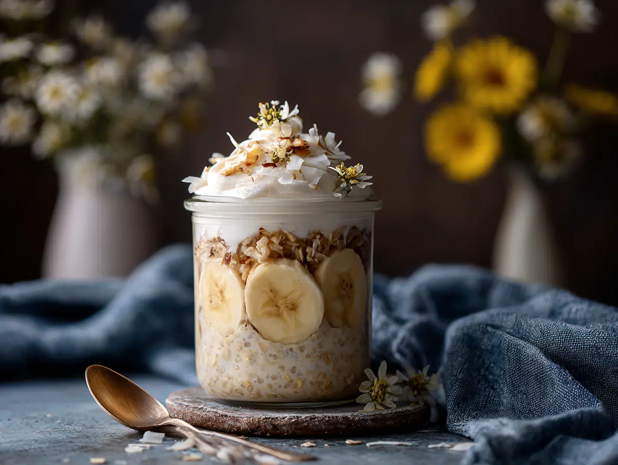 Layered coconut cream pie ready to serve