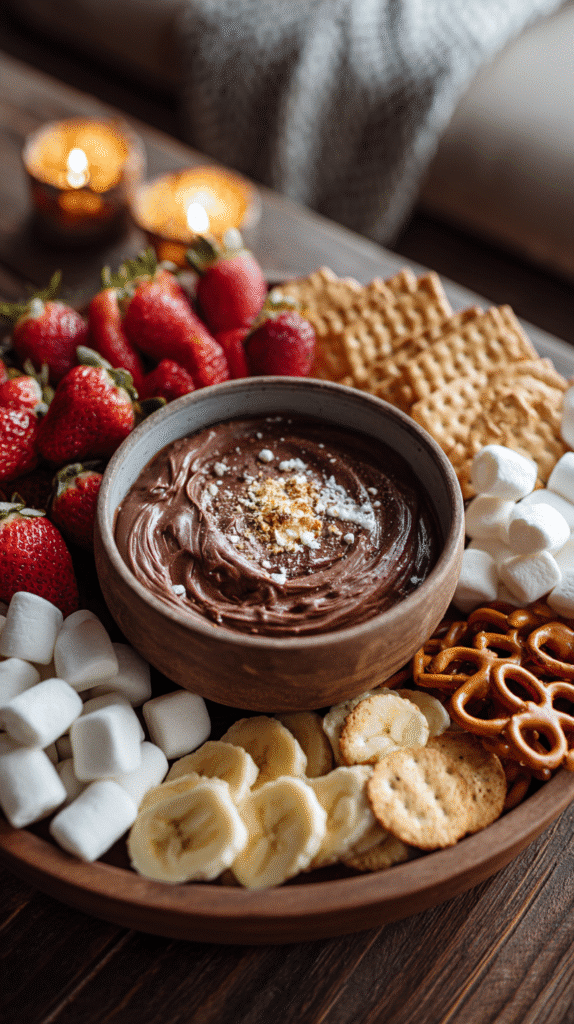 Brownie batter dip served with sweet and salty snacksBrownie batter dip served with sweet and salty snacks