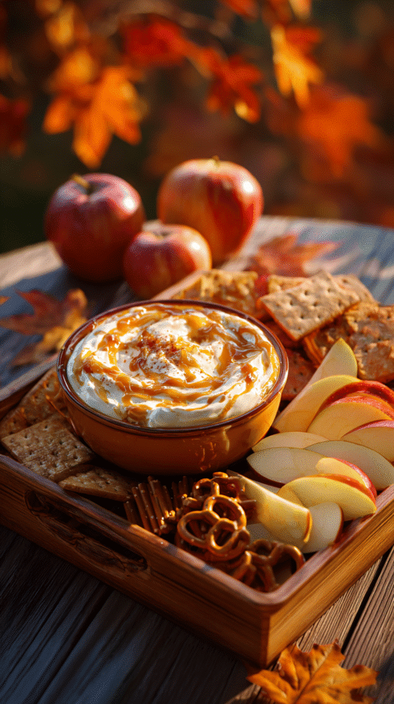 Caramel apple cheesecake dip on a fall serving platter