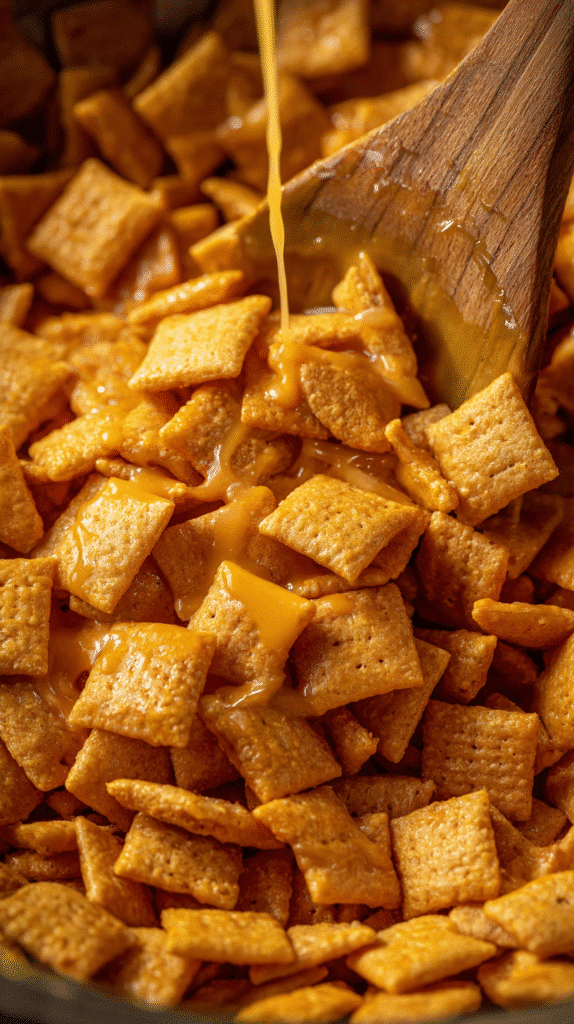 Tossing Cheez-Its with butter