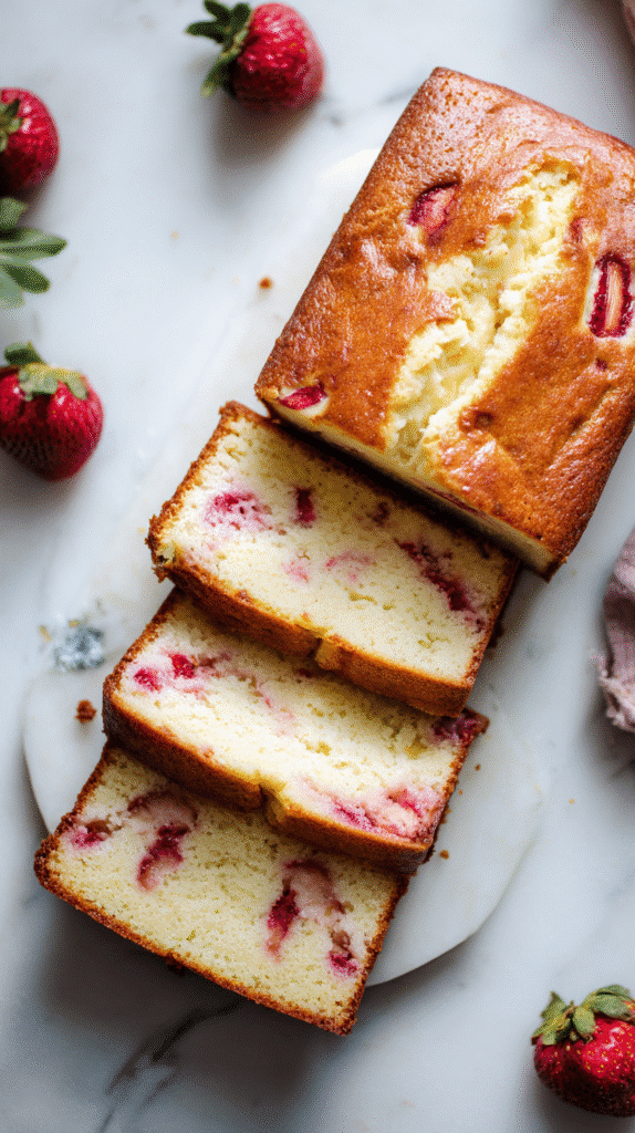 Slices of Strawberry Cream Cheese Pound Cake served on a marble countertop.