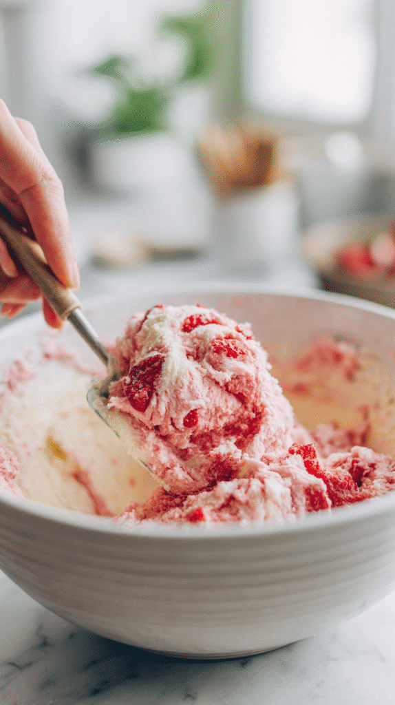 Folding diced strawberries into pound cake batter for Strawberry Cream Cheese Pound Cake.