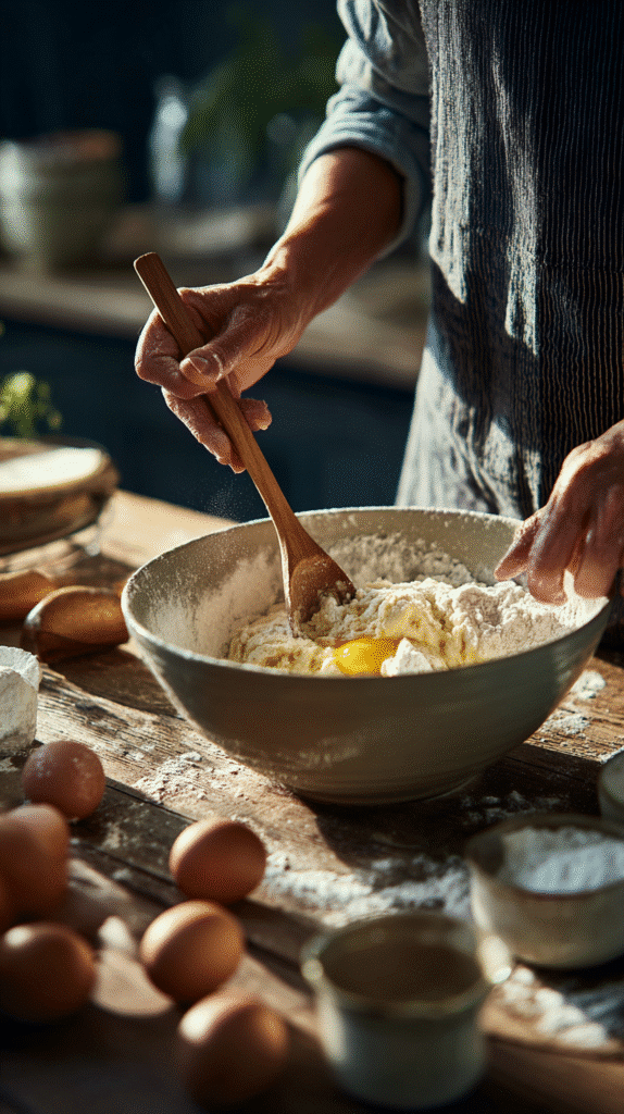 Close-up of a baker’s hands mashing bananas in a large mixing bowl with a wooden spoon, surrounded by ingredients, natural kitchen lighting