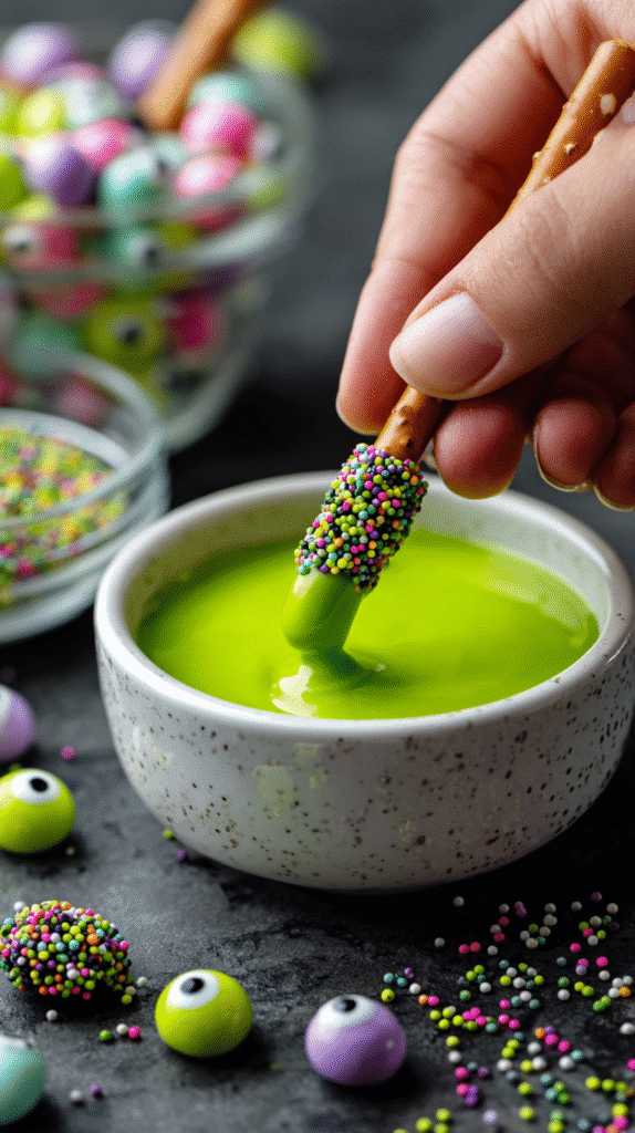 Monster Halloween Pretzel being dipped in candy melt