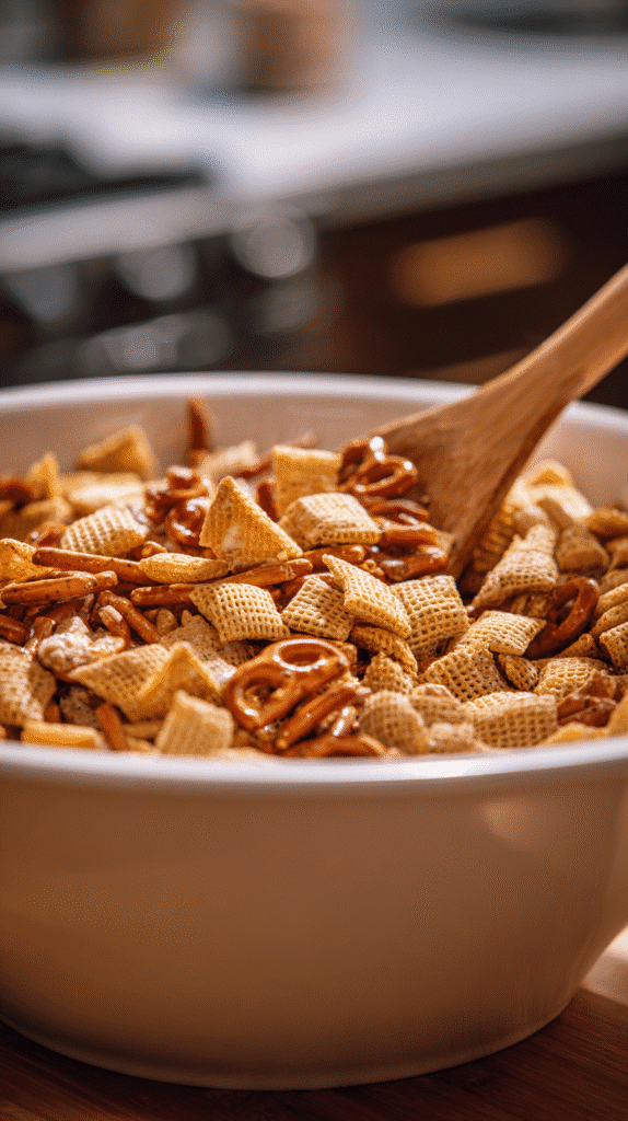 Mixing Chex mix base ingredients in bowl