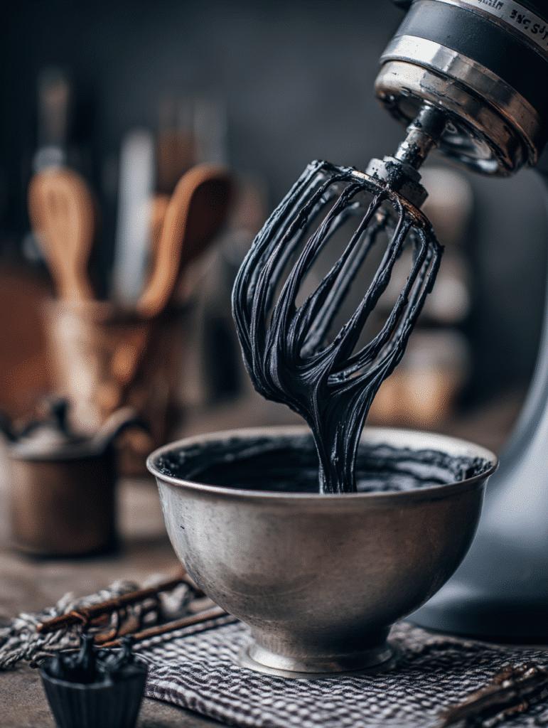 Black buttercream frosting made with black cocoa powder