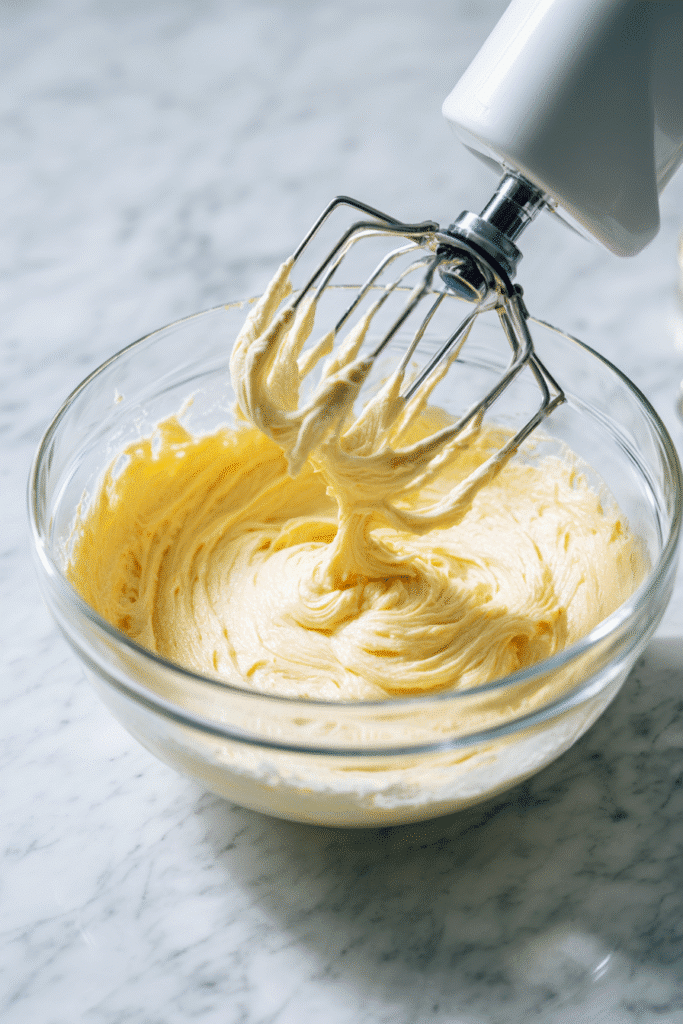 mixing pineapple juice cake batter on marble counter