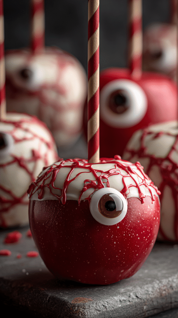 Decorating candy apples with eyeballs