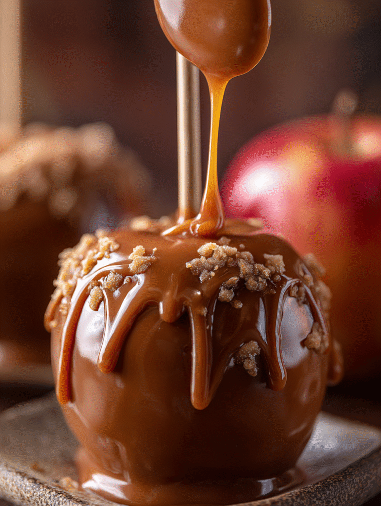 Coating caramel apple in milk chocolate