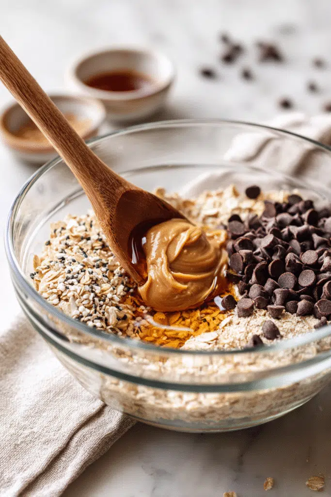 mixing chocolate chip protein balls ingredients
