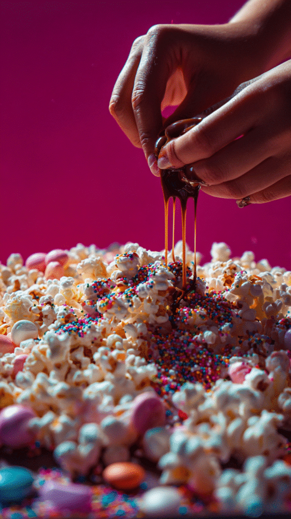 making hocus pocus popcorn drizzling candy melts
