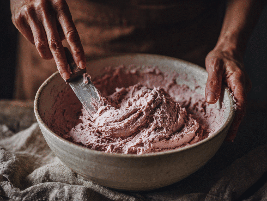 Mixing dough for strawberry cheesecake protein balls