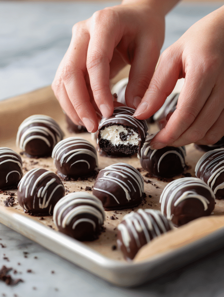 Rolling Oreo mixture for Frankenstein Oreo Balls