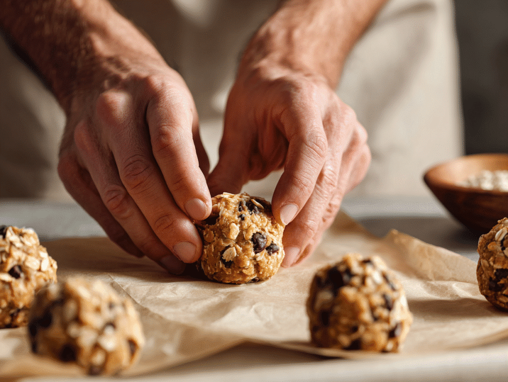 Rolling mint chocolate chip protein ball dough