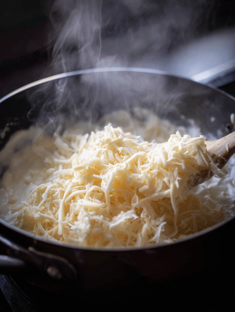 Melting smoked gouda with cream cheese in saucepan