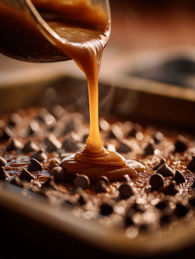 Pouring caramel over chocolate chips for Knock You Naked Bars
