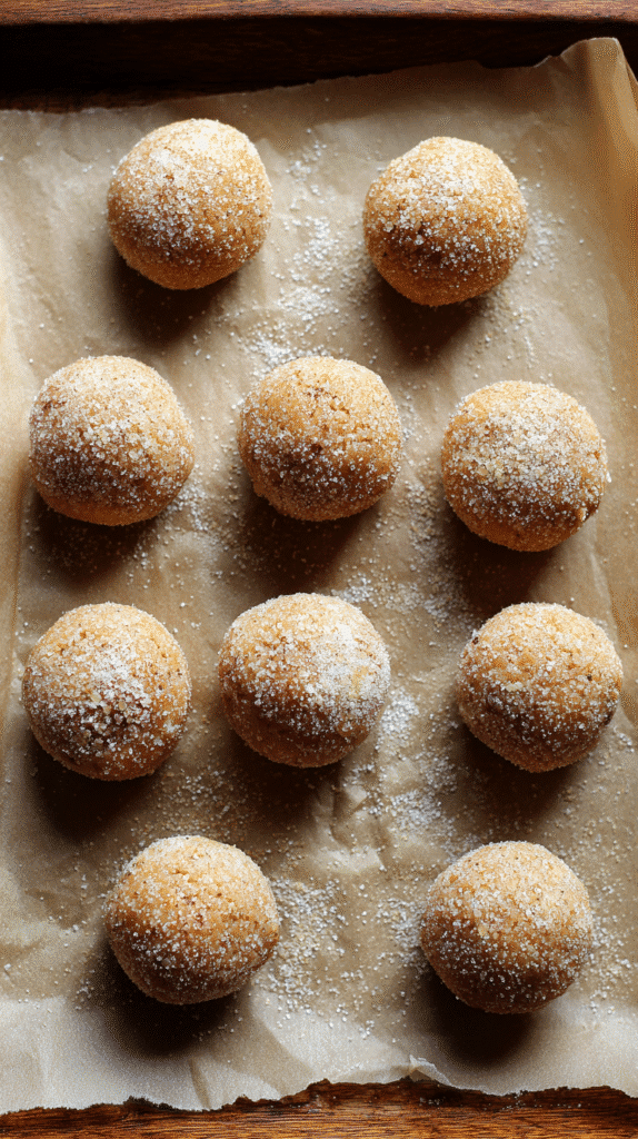 Pumpkin sugar cookie dough balls rolled in sugar