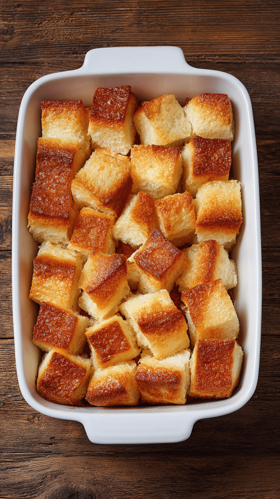 Bread cubes arranged for Vanilla Bean French Toast Bake
